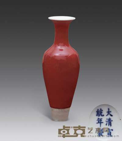 清代宣统 红釉柳叶瓶 高19.5cm